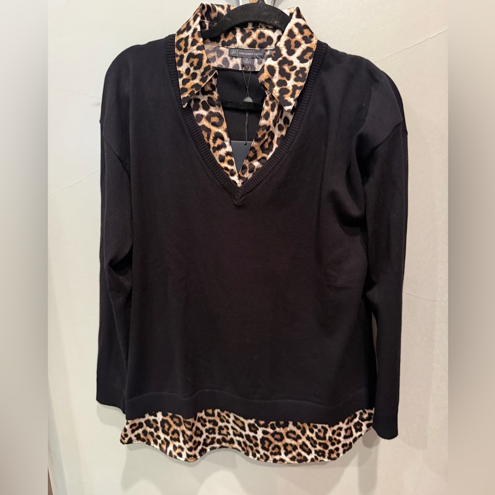 Adrianna Papell Black Sweater with Leopard-Print Trim